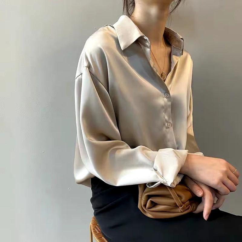 "Vintage Autumn Silk Blouse for Women - Long Sleeve Loose-Fit White Top"