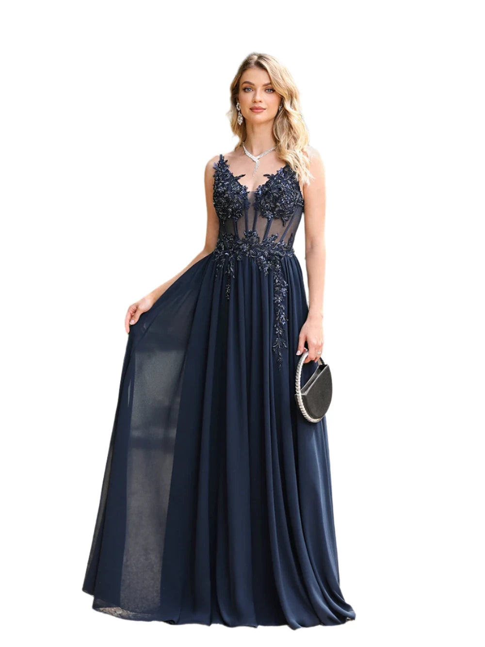 Elegant Navy Blue Spaghetti Strap Evening Dress 2024 with Beaded Appliques Illusion Prom Gown for Formal Parties