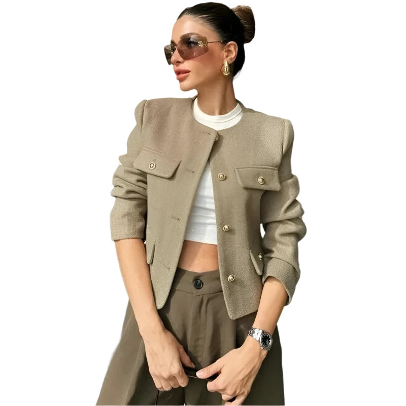 Autumn Long Sleeve Cropped Jacket for Women Elegant Winter Button Demi-Season Short Coats