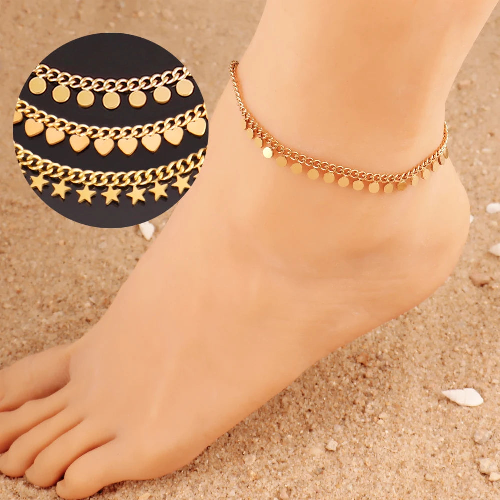 Stainless Steel Anklet For Women Star Heart Tassel