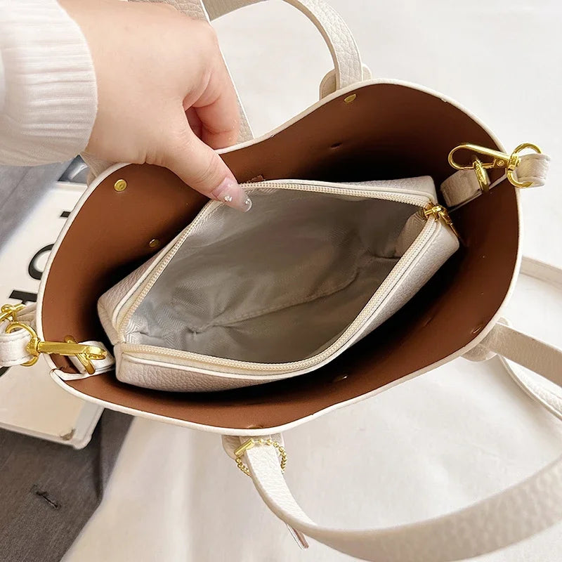 2024 New Simple Texture Lychee Pattern Hand-held Wing Bag Crossbody Bucket Handbag for Temperament Bucket Crossbody Bag