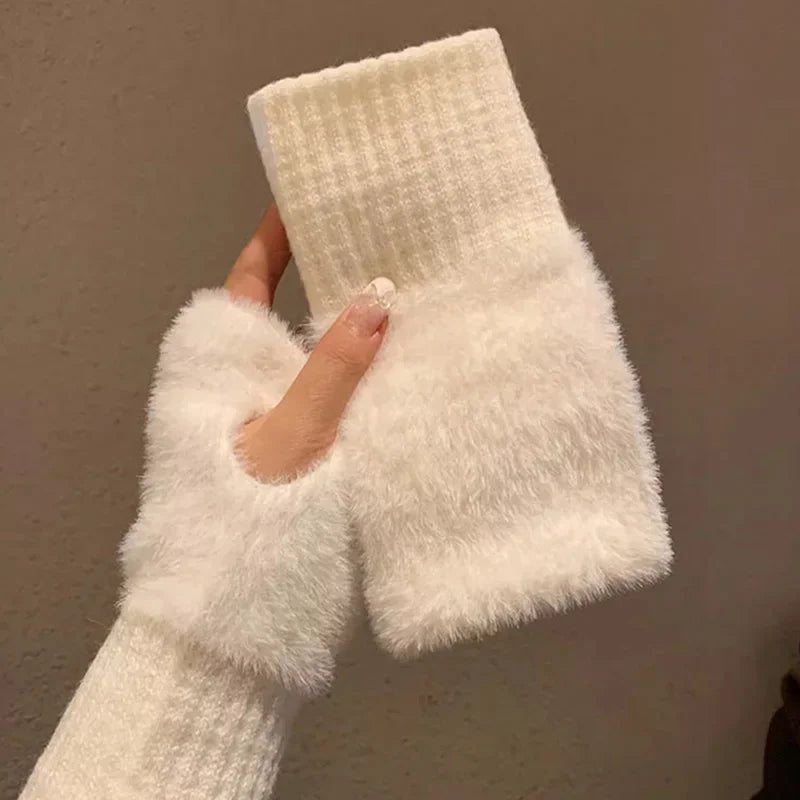 Women's Luxury Half Finger Gloves Soft Mink Fleece Winter Warm Plush Knitted Wrist Mittens Solid White Fingerless Gloves for Writing