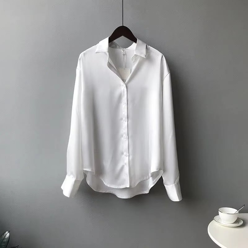 "Vintage Autumn Silk Blouse for Women - Long Sleeve Loose-Fit White Top"